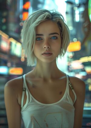 Cyberpunk City Girl: Futuristic Beauty in the Neon Jungle - Premium Wooden Framed Poster. Ready to Hang.