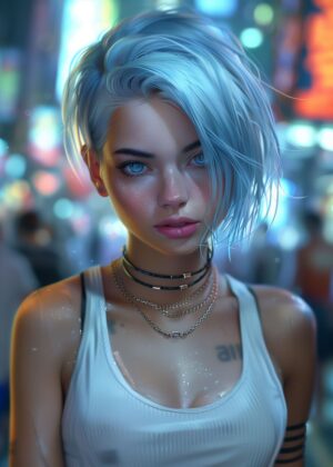 Cyberpunk City Girl: Digital Art Print - Premium Wooden Framed Poster. Ready to Hang.