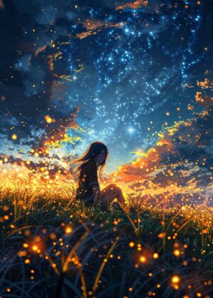 Starlight Anime Girl: Dreamy Night Scene - Premium Wooden Framed Poster. Ready to Hang.
