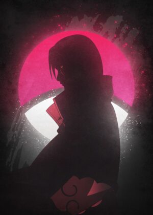 Itachi Uchiha: Silhouette in the Crimson Moon - Premium Wooden Framed Poster. Ready to Hang.