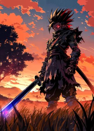 Unleashed Ninja Samurai: Fierce Warrior at Sunset - Premium Wooden Framed Poster. Ready to Hang.
