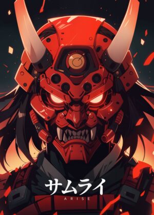 Red Samurai: Digital Art Print - Premium Wooden Framed Poster. Ready to Hang.