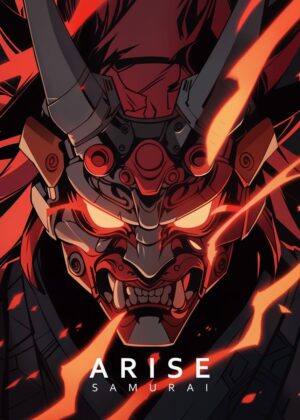Arise Samurai: Fiery Digital Art Print - Premium Wooden Framed Poster. Ready to Hang.