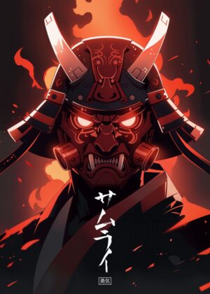 Cyberpunk Red Samurai: Fiery Digital Art Print - Premium Wooden Framed Poster. Ready to Hang.