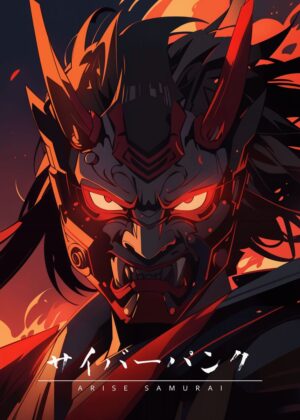 Arise Red Samurai: Fiery Anime Artwork Print - Premium Wooden Framed Poster. Ready to Hang.
