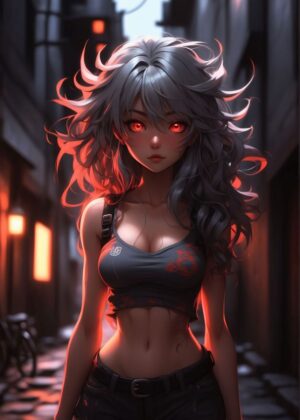 Crimson Stare: Anime Girl in Dark Alley - Premium Wooden Framed Poster. Ready to Hang.