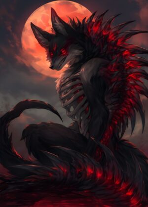 Black Skeleton Kitsune: Dark Fantasy Art Print - Premium Wooden Framed Poster. Ready to Hang.