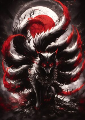 Dark Mystical Kitsune: Black and Red Fox Art - Premium Wooden Framed Poster. Ready to Hang.