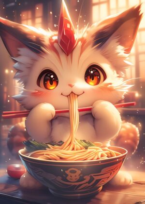 Adorable Unicorn Cat Enjoying Ramen: A Digital Art Print - Premium Wooden Framed Poster. Ready to Hang.