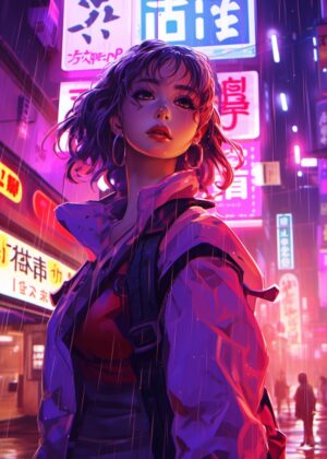 Cyberpunk Rain: Anime Girl in Neon City - Premium Wooden Framed Poster. Ready to Hang.