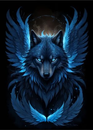 Mystical Blue Wolf with Wings: Digital Art Print - Premium Wooden Framed Poster. Ready to Hang.