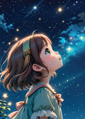Adorable Anime Girl Under the Starry Night - Premium Wooden Framed Poster. Ready to Hang.