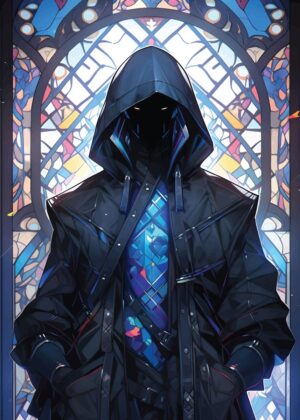 Atomic: A Digital Art Print Featuring a Mysterious Hooded Figure - Premium Wooden Framed Poster. Ready to Hang.