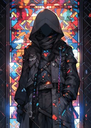 Atomic Stained Glass Art Print: Mysterious Figure - Premium Wooden Framed Poster. Ready to Hang.