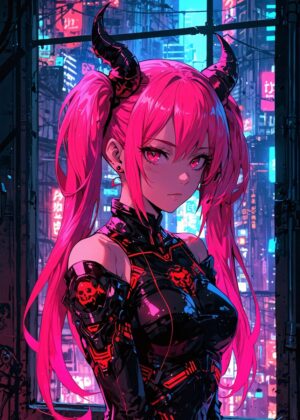 The Dark Queen: Cyberpunk Anime Art Print - Premium Wooden Framed Poster. Ready to Hang.