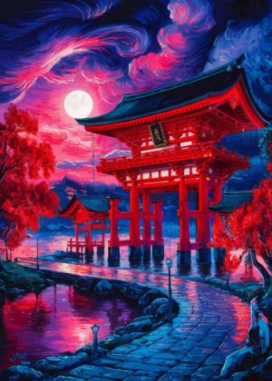 Serene Night at the Japanese Temple Torii Gate - Premium Wooden Framed Poster. Ready to Hang.