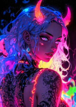 Neon Demon Girl: Cyberpunk Art Print - Premium Wooden Framed Poster. Ready to Hang.