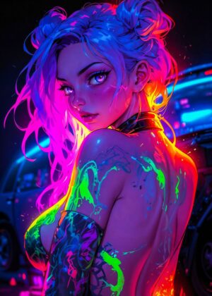 Vibrant Neon Cyberpunk Art Print:  Beautiful Girl Pose - Premium Wooden Framed Poster. Ready to Hang.