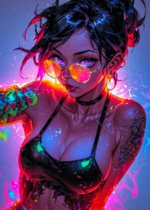 Cyberpunk Girl with Sunglasses: Vivid Digital Art Print - Premium Wooden Framed Poster. Ready to Hang.