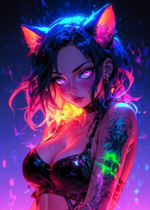 Neon Cat Girl: Cyberpunk Anime Art Print - Premium Wooden Framed Poster. Ready to Hang.