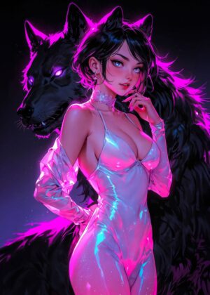 Neon Wolf Lady: Cyberpunk Art Print - Premium Wooden Framed Poster. Ready to Hang.