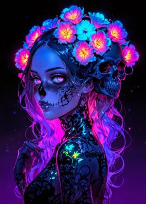 Dark Flower Skull Girl: Neon Gothic Art Print - Premium Wooden Framed Poster. Ready to Hang.