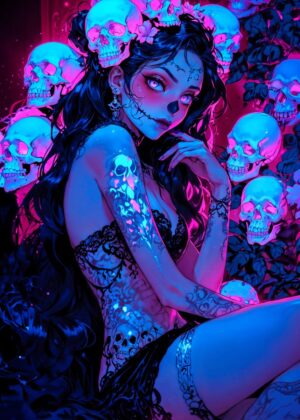 Day of the Dead Beauty: Neon Sugar Skull Girl Art Print - Premium Wooden Framed Poster. Ready to Hang.