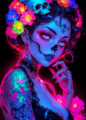 Neon Sugar Skull Beauty: Day of the Dead Art Print - Premium Wooden Framed Poster. Ready to Hang.