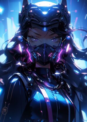 Cyberpunk Anime Girl: Futuristic Fantasy Art Print - Premium Wooden Framed Poster. Ready to Hang.