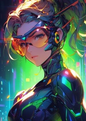 Cyberpunk Anime Girl: Futuristic Fantasy Art Print - Premium Wooden Framed Poster. Ready to Hang.