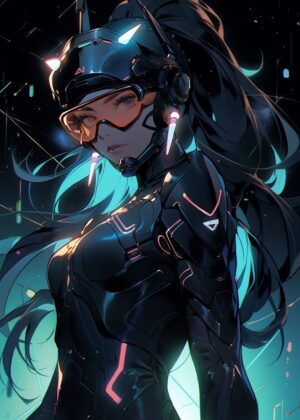Cyberpunk Anime Girl: Futuristic Fantasy Art Print - Premium Wooden Framed Poster. Ready to Hang.