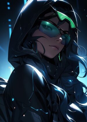 Futuristic Fantasy Girl: Cyberpunk Anime Art Print - Premium Wooden Framed Poster. Ready to Hang.