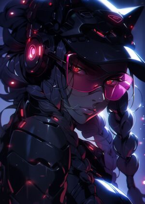 Cyberpunk Anime Girl: Futuristic Fantasy Art Print - Premium Wooden Framed Poster. Ready to Hang.