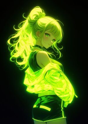 Neon Glow Anime Girl Art Print - Premium Wooden Framed Poster. Ready to Hang.