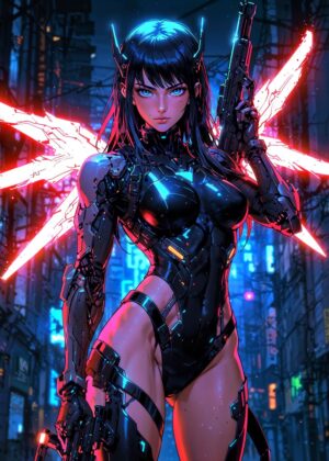 Cyberpunk Anime Girl Art Print: Neon City Warrior - Premium Wooden Framed Poster. Ready to Hang.