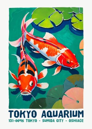 Vibrant Koi Fish Artwork: Tokyo Aquarium Inspired - Premium Wooden Framed Poster. Ready to Hang.