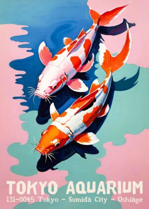 Tokyo Aquarium Koi Fish Artwork - Premium Wooden Framed Poster. Ready to Hang.
