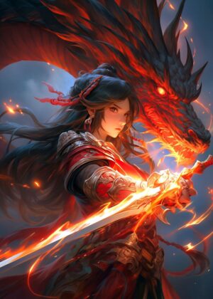 Fiery Dragon & Warrior: Fantasy Art Print - Premium Wooden Framed Poster. Ready to Hang.