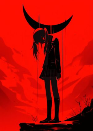 Crimson Moon: A Silhouette of Sorrow - Premium Wooden Framed Poster. Ready to Hang.