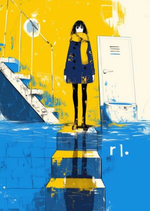 Submerged in Yellow and Blue: An Artwork Exploring Introspection - Premium Wooden Framed Poster. Ready to Hang.