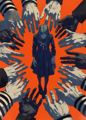 Surreal Girl in a Circle of Hands: Fine Art Print - Premium Wooden Framed Poster. Ready to Hang.