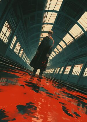 Crimson Reflections: A Dark Urban Scene - Premium Wooden Framed Poster. Ready to Hang.