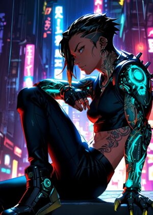 Anime Cyberpunk Cyborg Girl Art Print - Premium Wooden Framed Poster. Ready to Hang.