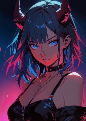 Demonic Anime Girl: Cyberpunk Style Art Print - Premium Wooden Framed Poster. Ready to Hang.