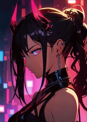 Demonic Anime Girl: Fierce and Stylish Digital Art Print - Premium Wooden Framed Poster. Ready to Hang.