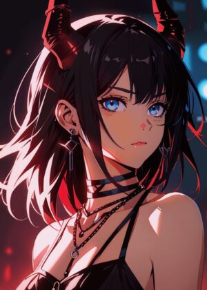 Demonic Anime Girl: Fierce and Beautiful Digital Art Print - Premium Wooden Framed Poster. Ready to Hang.
