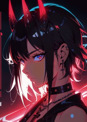 Demonic Anime Girl: Fierce Beauty in Crimson - Premium Wooden Framed Poster. Ready to Hang.