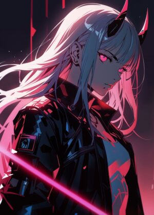 Demonic Anime Girl: Fierce and Stylish Digital Art Print - Premium Wooden Framed Poster. Ready to Hang.