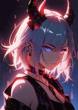 Demonic Anime Girl: Fierce and Edgy Digital Art Print - Premium Wooden Framed Poster. Ready to Hang.