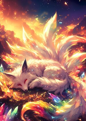 Ninetail Kitsune Dream: A Fantasy Art Print - Premium Wooden Framed Poster. Ready to Hang.